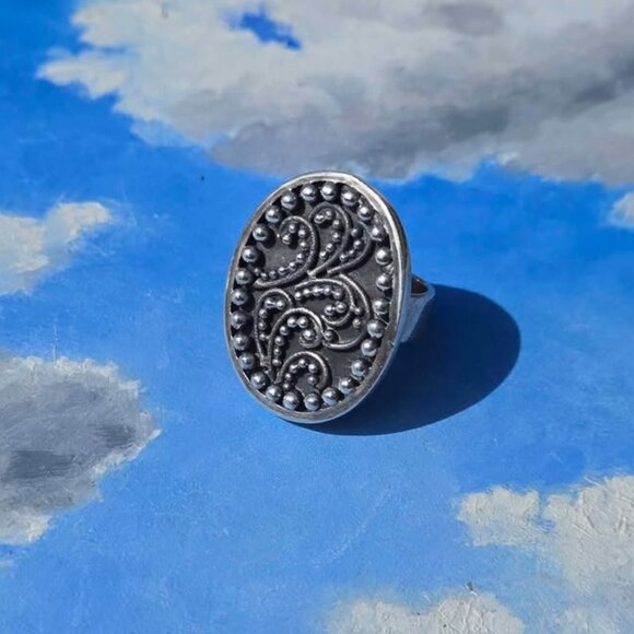 Large Sterling Silver Filigree Ring Southwestern Boho Style Heavy Solid Silver - Picture 1 of 10
